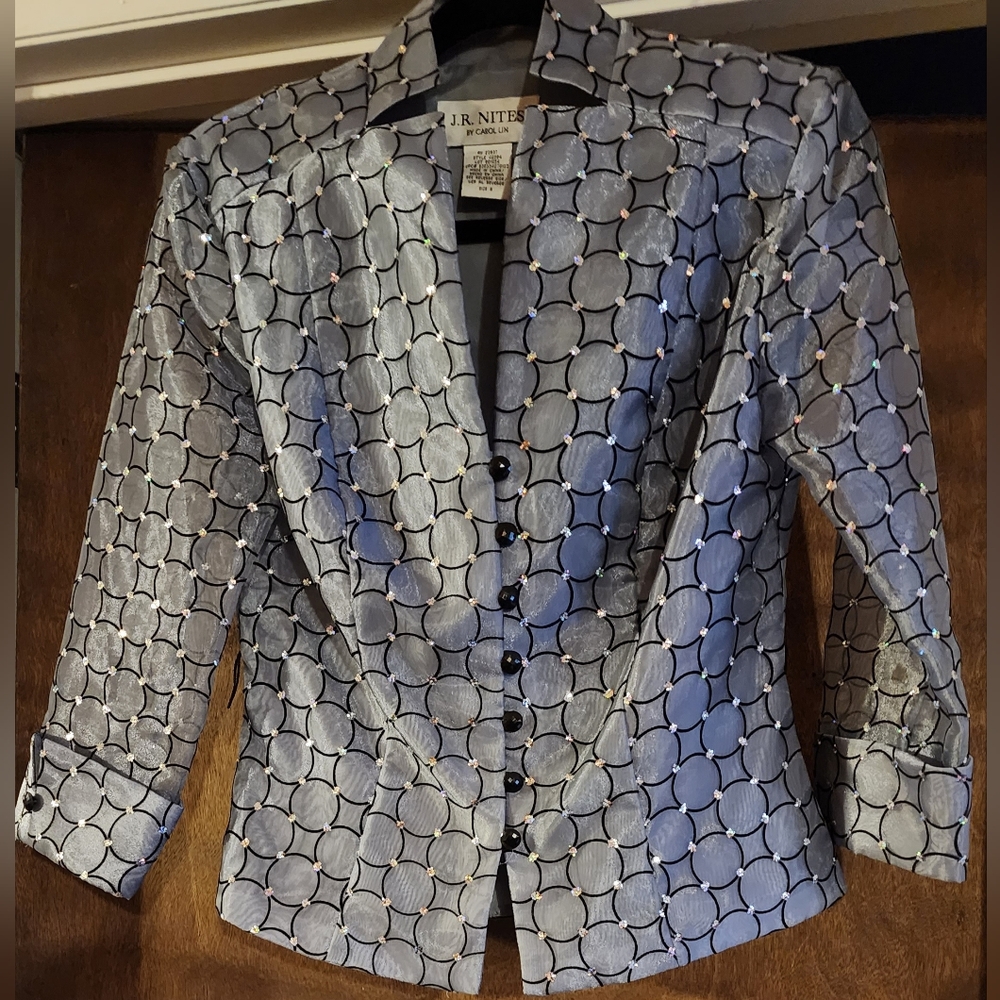 J.R. NITES by Carol Lin semi sheer Gray with rhinestones sheer sleeves jacket